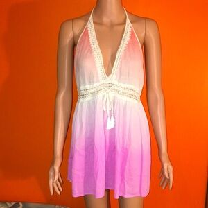 Victoria’s Secret Pink/White Dip Dye Halter Lace Trim Dress / Swim Cover Small